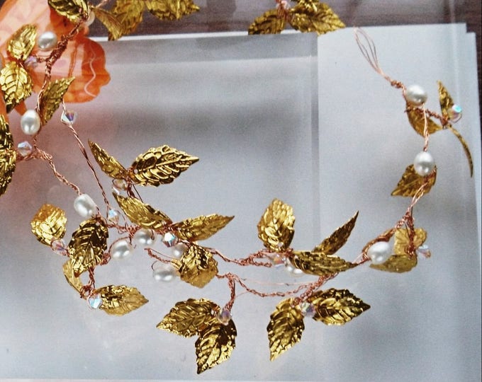 Gold leaf headband,goddess headdress, gold leaf headpiece, hairvine bridal,Grecian, gold leaves, freshwater pearls and Swarovski.