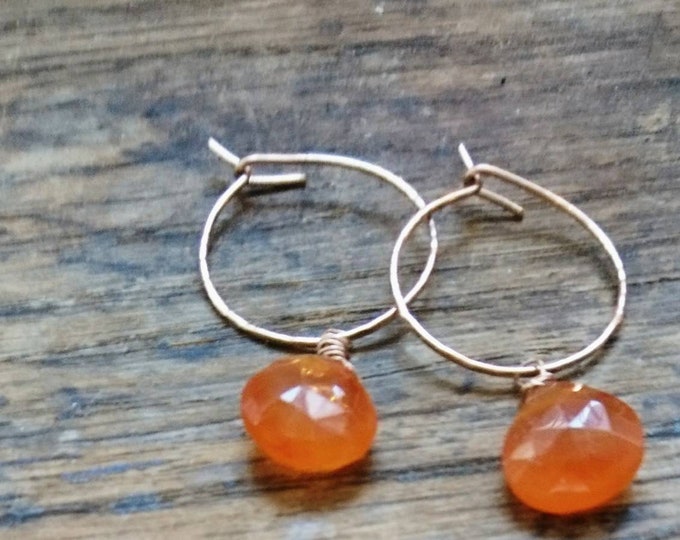 Hoops , carnelian hoop earrings, rose gold fill jewelry, hammered gold earrings, boho summer earrings, gift for her best frien