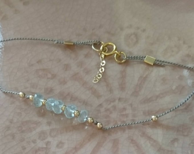 Aquamarine  bracelet with gold beads on silk cord, March birthday gift for her, blue gem layering bracelet