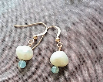 Pearl and aquamarine drop earrings, June birthday, freshwater pearl jewellery, bridal earrings, something blue, rose gold drop earrings,