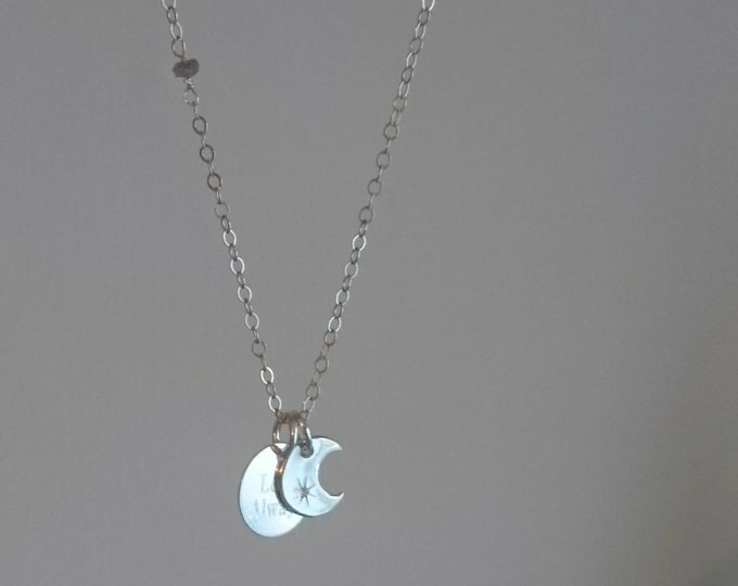 Moon and love always  tag charm necklace in sterling silver with tiny raw diamonds