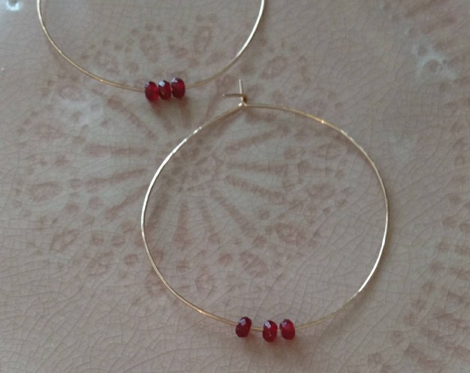 Ruby earrings hoops,, July birthstone gift for her, large hoop earrings, gold hoop, best friend birthday present, summer holiday accessories