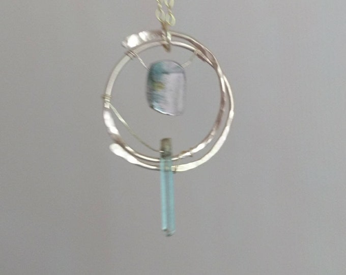 Watermelon tourmaline and aquamarine pendant, supernova necklace, unique artisan jewellery