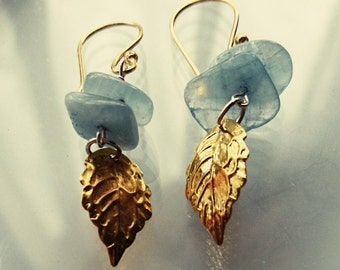 Gold leaf earrings, blue earrings, boho jewellery, gold drop earrings,  summer jewellery