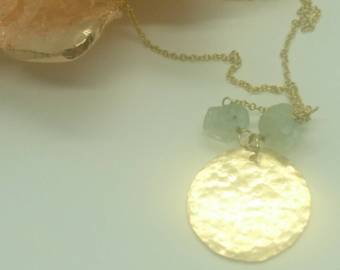 Raw aquamarine necklace, hammered sun charm, summer jewellery