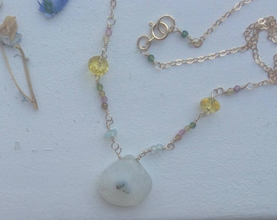 Multi gemstone necklace, watermelon tourmaline, aquamarine and citrine 14k gold fill chain, boho babe