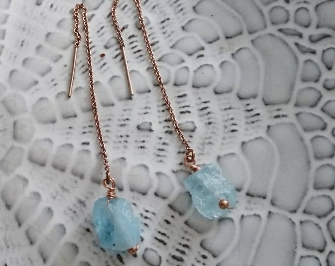 Raw aquamarine threader earrings, gemstone jewelry, March birthday gift for her, birthstone jewellery, best friend gift, boho chic, modern