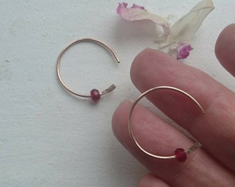 Ruby earrings, small open hoops with July birthstone