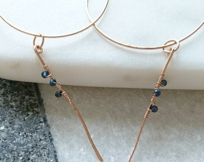 Blue sapphire hoop earrings with rose gold shards, September birthday  for her birthstone gift for best friend, girlfriend, artisan earrings