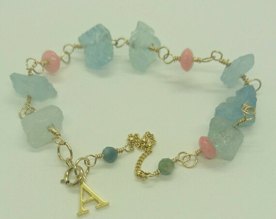 Coral bracelet with aquamarine, Aquamarine bracelet with initial vermeil charm and coral