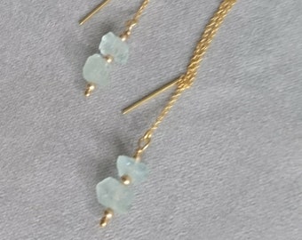 Raw aquamarine threader earrings in 14k gold fill chain, March birthstone gift for her, gift for girlfriend