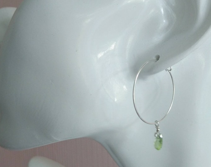 Peridot hoop earrings, August birthstone gift, sterling silver hoops