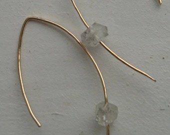 Asymmetrical diamond earrings, herkimer threader earrings in 14k gold fill