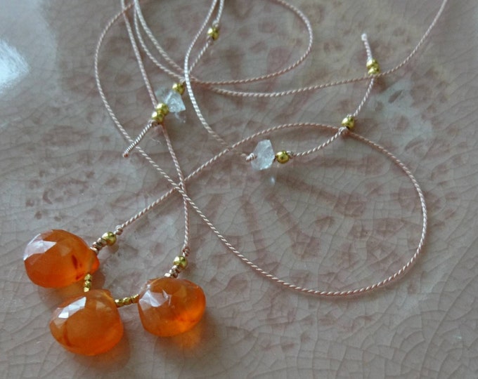 Carnelian necklace, silk cord necklace with three gems,  Orange gemstone summer jewelry, sliding clasp, gift for niece, for mum, best friend