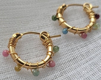 Earrings hoops, Tourmaline hoop earrings, huggie gemstone