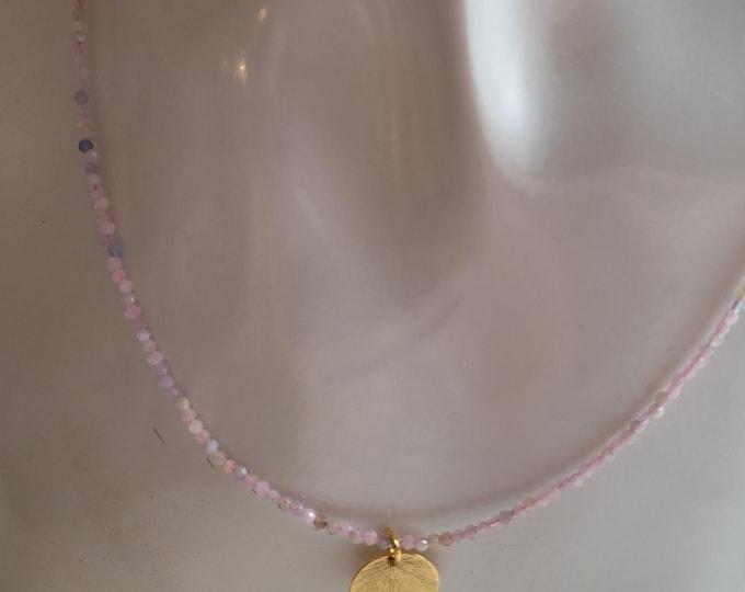 Morganite beaded necklace, gemstone necklace with sunburst charm in gold or silver