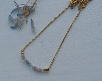 Raw pink diamond necklace with tiny aquamarines on 14k gold fill chain, birthday gift for her March birthday