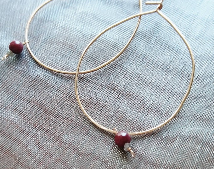 July ruby hoop earrings, birthstone with raw diamond, birthday gift for her, elegant hoops,red gemstone jewelry, jewelry