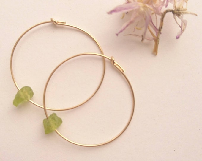 Peridot Jewelry,  gold fill hoop earrings with raw peridot, August birthstone gift for her