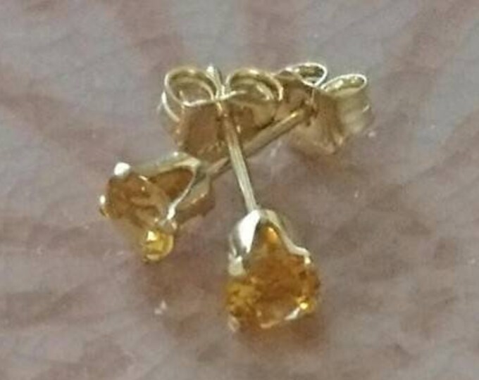 3mm citrine earrings,  November birthday gift for her, birthstone jewellery, tiny yellow stone push back earrings