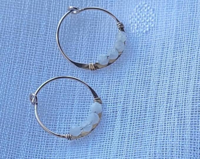 Moonstone hoop earrings, gold hoops with gems