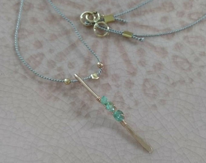 Raw emerald necklace, May birthstone gift for her, beaded silk cord jewelry, boho chic, mixed metal jewelry, bead wrapped shard, summer