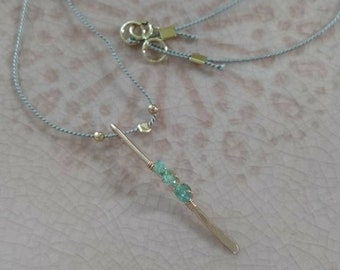 Raw emerald necklace, May birthstone gift for her, beaded silk cord jewelry, boho chic, mixed metal jewelry, bead wrapped shard, summer