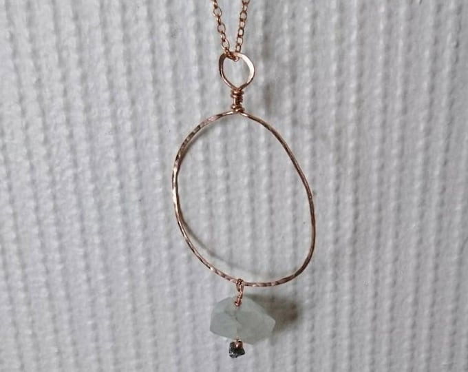 Raw aquamarine and Rose gold organic circle pendant with a raw diamond, infinity necklace, blue gem pendant necklace, hammered jewelry