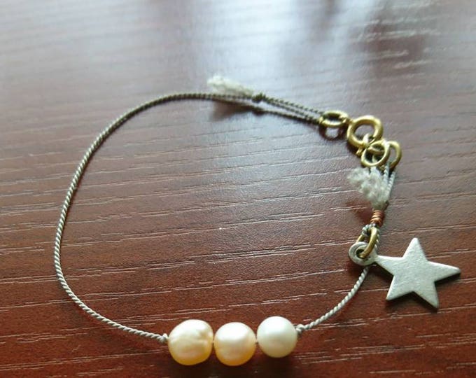 Pearl three wishes silk cord bracelet , freshwater pearl with silver star boho, friendship layering jewellery, stacking bracelet