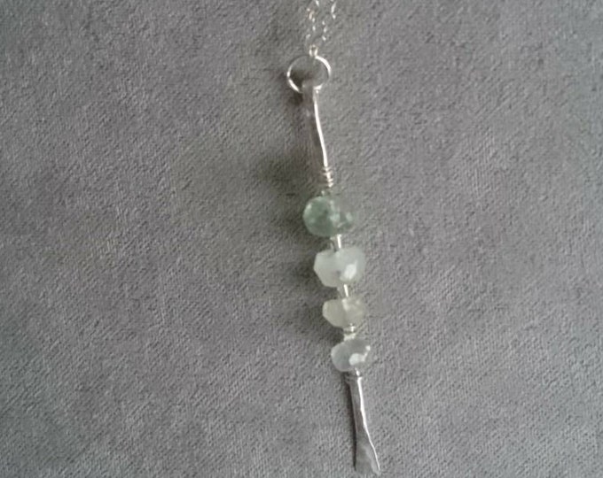 Sterling silver hammered linear pendant with faceted raw aquamarine, birthday gift for her March birthday, mothers day gift, something blue