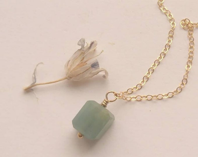 Aquamarine on gold chain, March birthstone, blue pendant, raw crystal