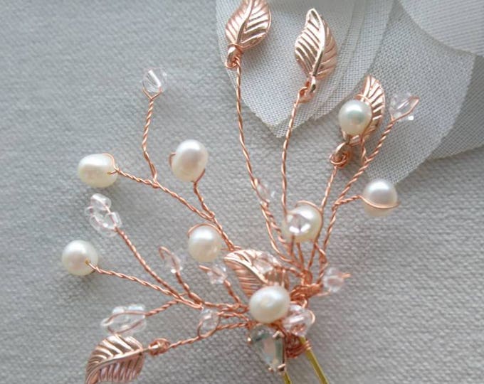 Rose gold leaf  and pearl hair pins,  rose gold wedding, bridal hair accessories, handmade hair pin,