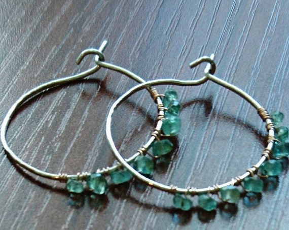 May birthstone Emerald hoop earrings,  gift for best friend girlfriend, sterling silver hoops, hammered silver earrings, summer