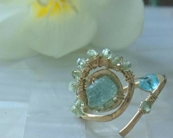 Persephone, aquamarine, apatite and peridot 14k gold fill ring, unique design jewellery, deity ring, gift for her, artisan  spiral ring,