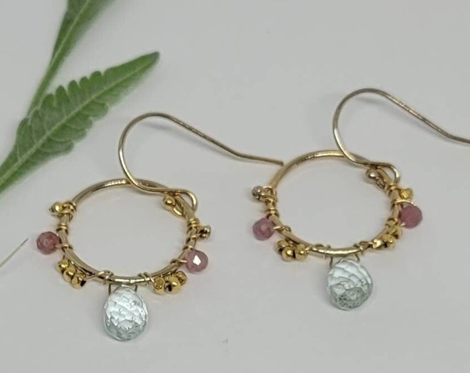 Aquamarine and tourmaline hoops, Gemstone circle earrings, tourmaline jewellery, Hoop drop earrings with aquamarine and pink tourmaline