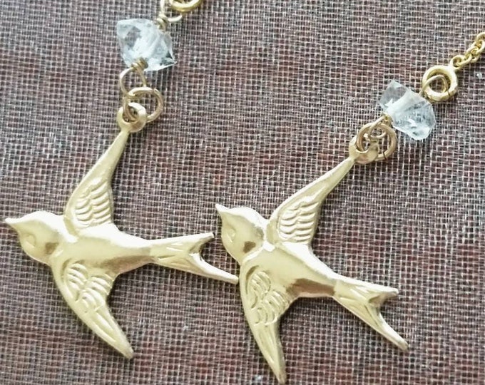 14k gold fill Bird charm threader earrings with herkimer diamonds, swallows earrings, summer jewellery, gold earrings, gift for her,