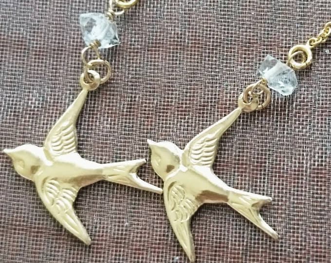 14k gold fill Bird charm threader earrings with herkimer diamonds, swallows earrings, summer jewellery, gold earrings, gift for her,