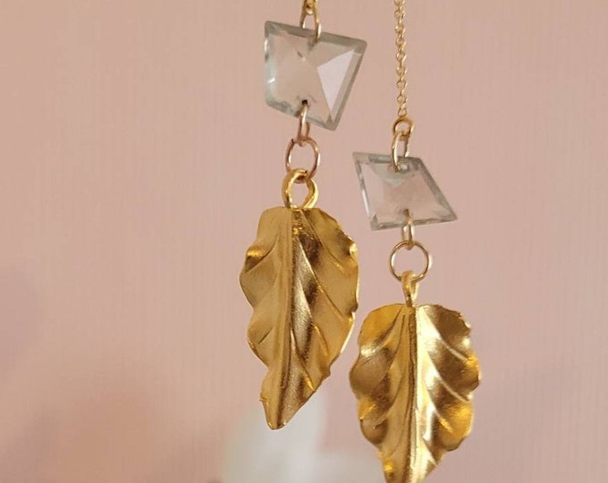 Green amethyst drop earrings with gold leaves, amethyst earrings, gift for her birthday, cocktail earrings