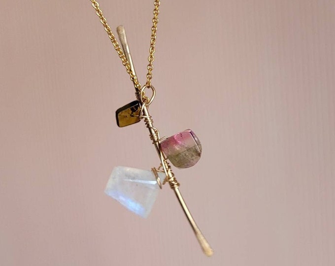 One of a kind moonstone and watermelon tourmaline pendant, bar necklace with gemstones