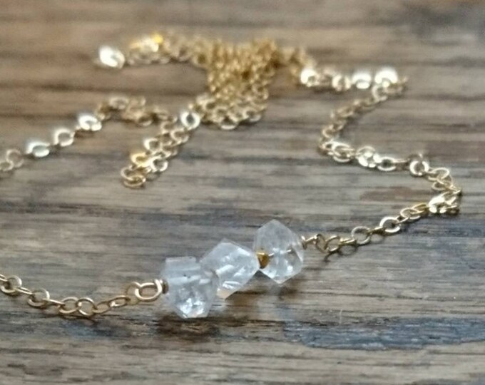 Herkimer diamond necklace 14k gold filled, diamond jewelry, gold necklace with  three little diamonds, romantic gift for her birthday April