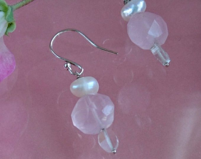 Rose quartz drop earrings, pearl and rose quartz dangle earrings,aquamarine drop earrings, June birthstone, gift for her, bridal jewellery