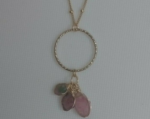 Gold fill pendant necklace with three watermelon tourmaline drops