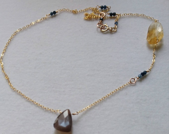 Multi gem necklace,Sapphire, citrine, chocolate moonstone gold necklace,  sapphire necklace with citrine and moonstone, multi gem jewellery,