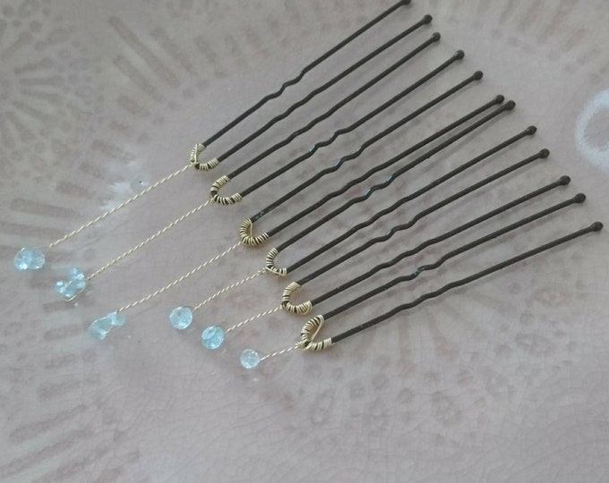 Aquamarine hair pins, something blue for the bride, delicate blue bridal hair pins