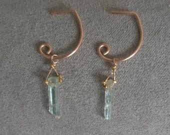 Raw aquamarine earrings, March birthstone tiny hoops with aquamarine shards and tiny gold fill beads