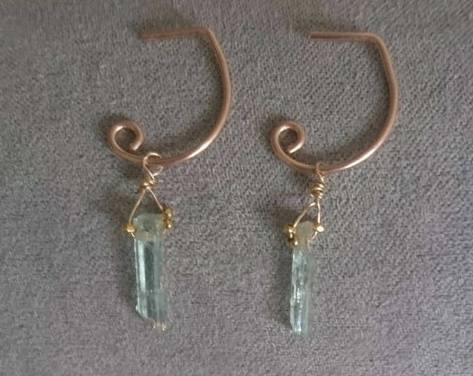 Raw aquamarine earrings, March birthstone tiny hoops with aquamarine shards and tiny gold fill beads