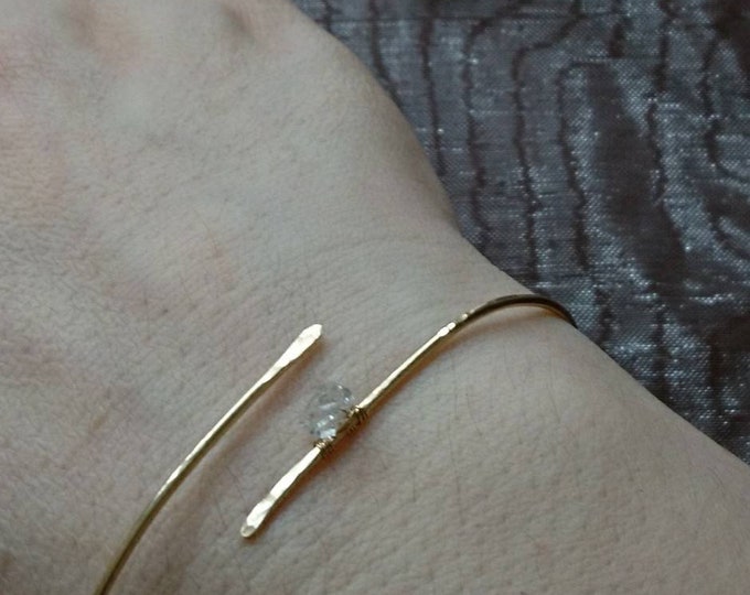 Gold open bangle Herkimer diamond, herkimer diamond bracelet,simple elegant cross over bangle,gift for her,modern jewelry by pass bracelet,