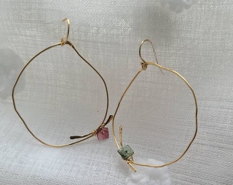 Organic hoops with tourmaline, squiggle earrings