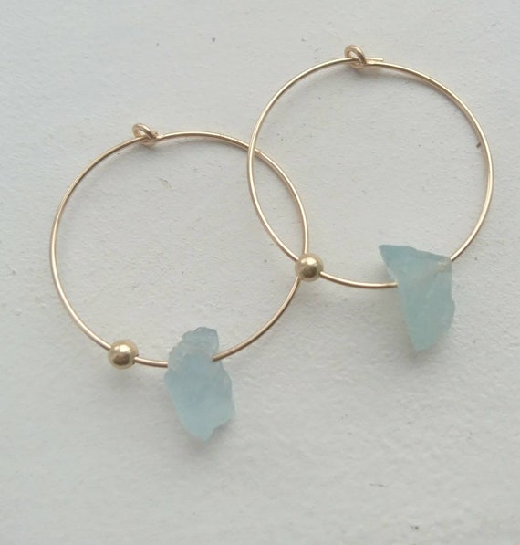 Aquamarine earrings, March birthstone gift for her, raw aquamarine hoops