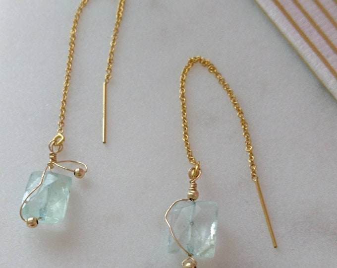Aquamarine threader earrings gold fill, dainty modern drop earrings, fine jewellery, elegant gold jewelry,gift for wife, gift for girlfriend